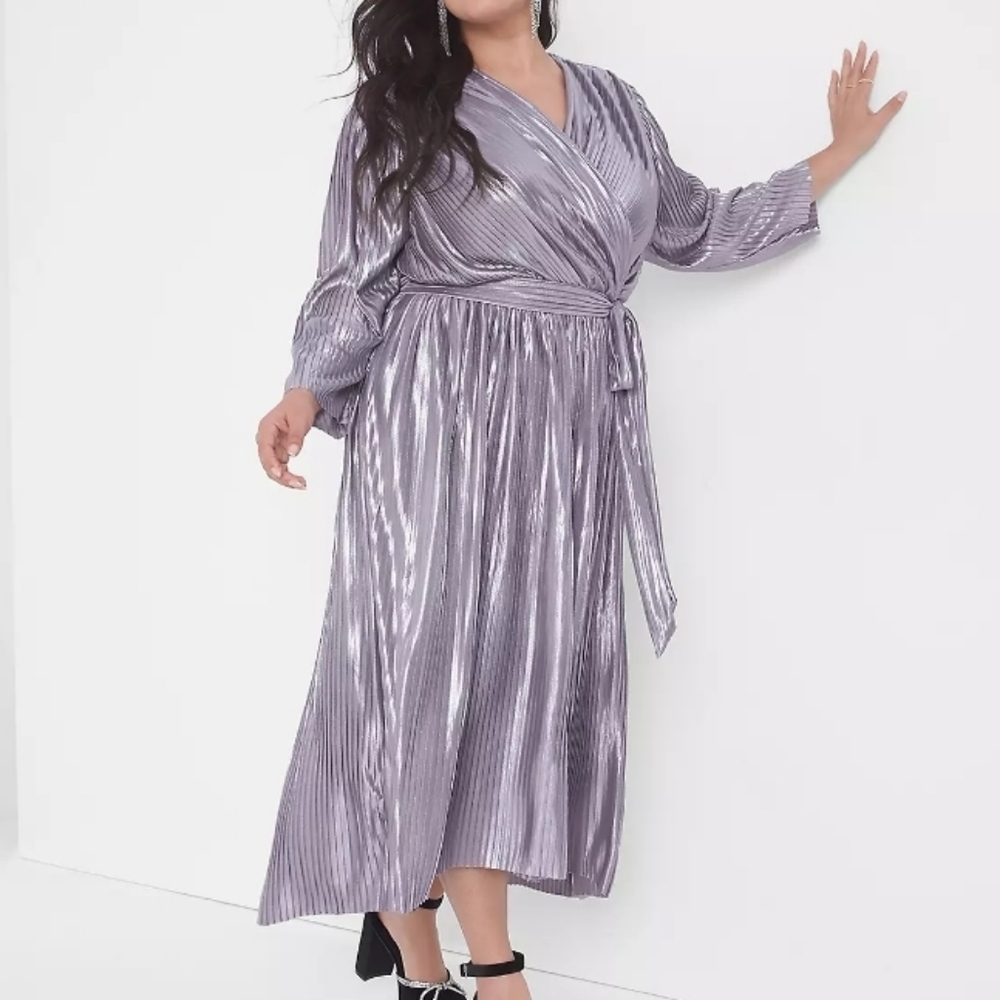 Lane Bryant Silver Metallic Pleated Dress Size 14
